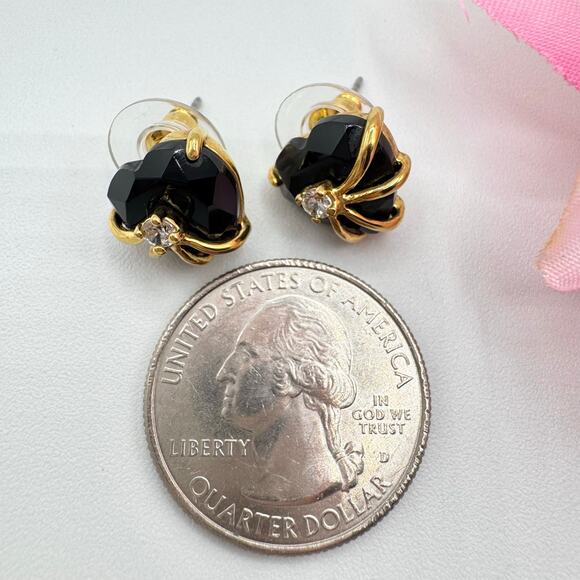 SETA Black Faceted Heart Earrings Gold Tone Cage Rhinestone Studs Gift Signed - Picture 8 of 11